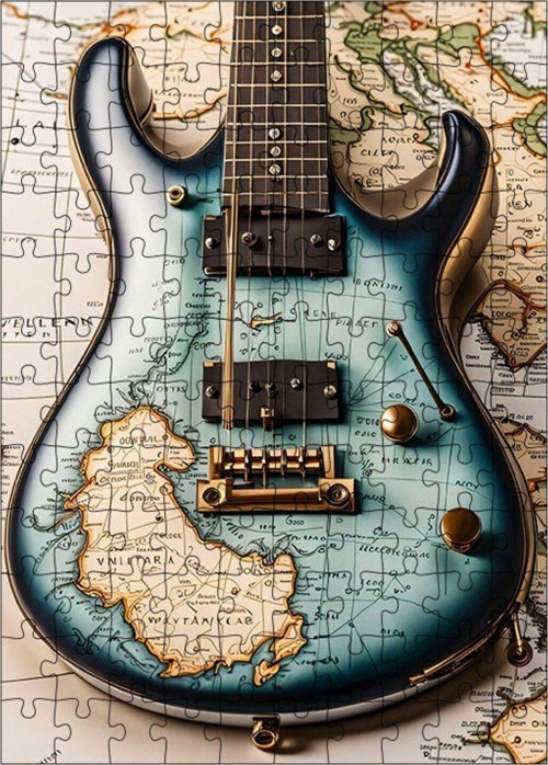 Ahşap Mdf Puzzle Yapboz Harita Desenli Elektro Gitar 120 Parça 25 x 35 cm