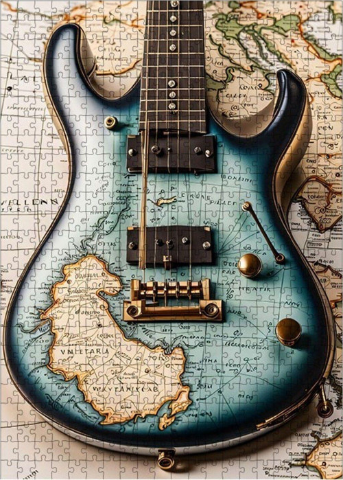 Ahşap Mdf Puzzle Yapboz Harita Desenli Elektro Gitar 500 Parça 50 x 70 cm