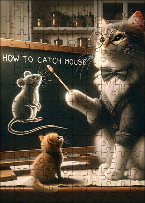 Ahşap Mdf Puzzle Yapboz Fare Yakalama Dersi Veren Kedi 120 Parça 25 x 35 cm
