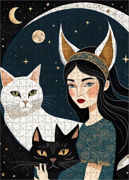 Ahşap Mdf Puzzle Yapboz Sevimli Kediler Ve Kız 500 Parça 50 x 70 cm