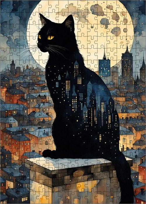 Ahşap Mdf Puzzle Yapboz Siyah Kedi Ve Binalar 255 Parça 35 x 50 cm