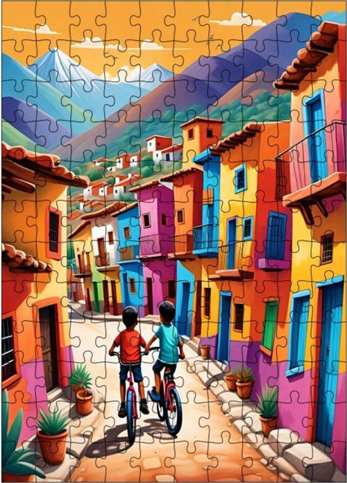 Ahşap Mdf Puzzle Yapboz Mahallede Bisiklet Süren Çocuklar 120 Parça 25 x 35 cm