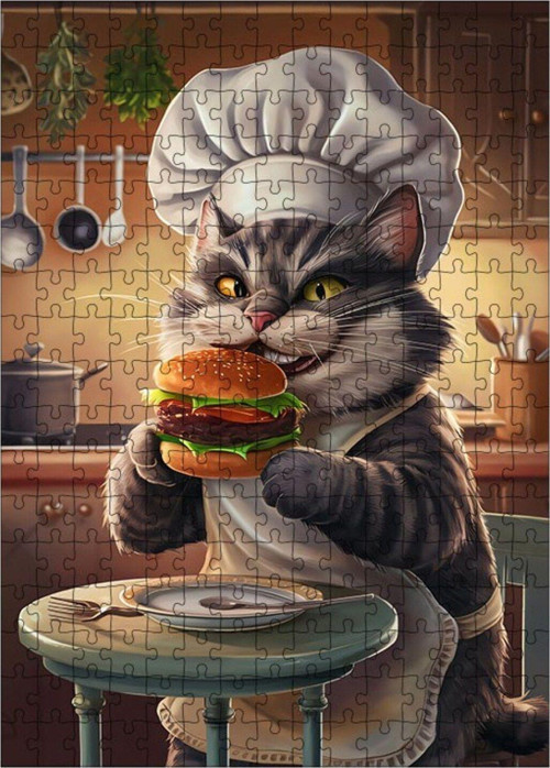 Ahşap Mdf Puzzle Yapboz Obur Kedi Ve Hamburger 255 Parça 35 x 50 cm