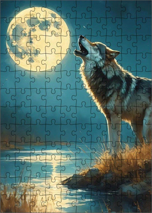 Ahşap Mdf Puzzle Yapboz Uluyan Kurt Ve Dolunay 120 Parça 25 x 35 cm