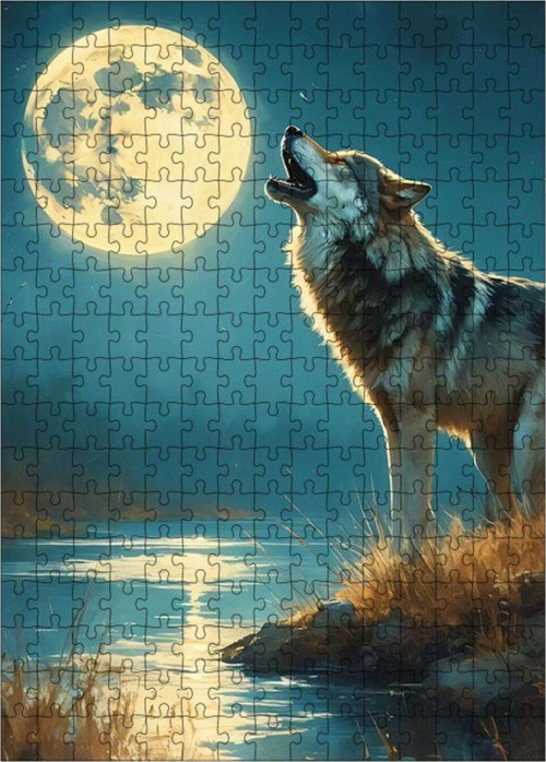 Ahşap Mdf Puzzle Yapboz Uluyan Kurt Ve Dolunay 255 Parça 35 x 50 cm