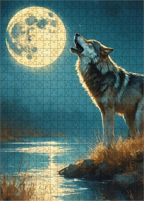 Ahşap Mdf Puzzle Yapboz Uluyan Kurt Ve Dolunay 500 Parça 50 x 70 cm
