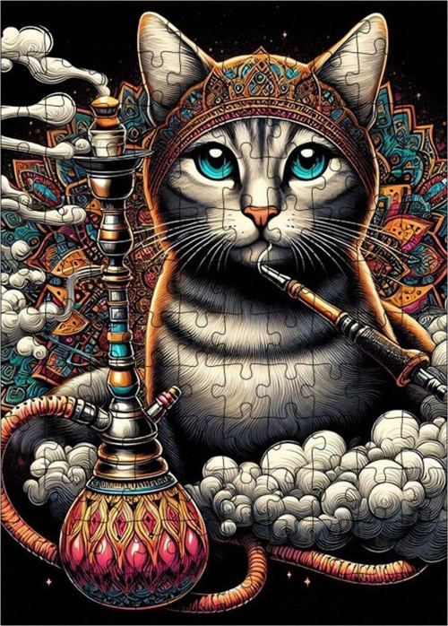 Ahşap Mdf Puzzle Yapboz Nargile İçen Kedi 120 Parça 25 x 35 cm