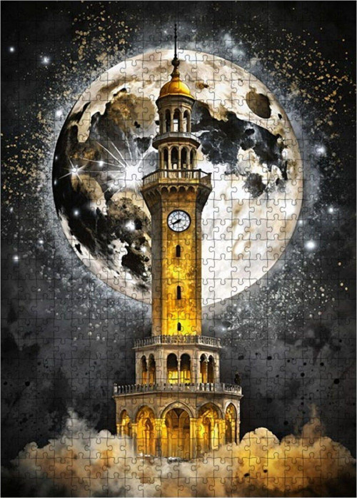 Ahşap Mdf Puzzle Yapboz Saat Kulesi Ve Dolunay 500 Parça 50 x 70 cm