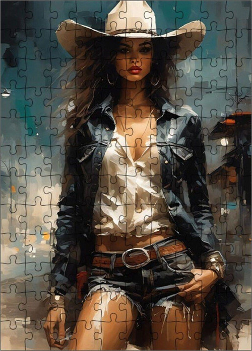 Ahşap Mdf Puzzle Yapboz Kovboy Şapkalı Kadın 120 Parça 25 x 35 cm