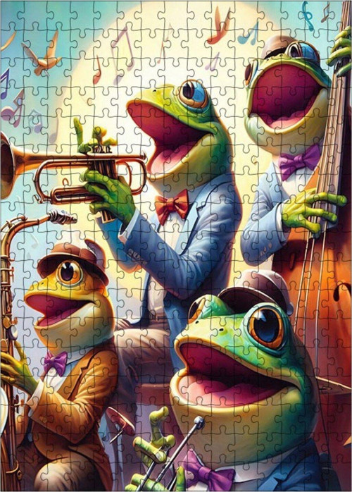 Ahşap Mdf Puzzle Yapboz Jazz Müzik Yapan Kurbağalar 255 Parça 35 x 50 cm