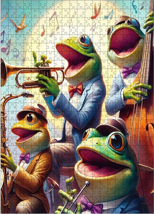 Ahşap Mdf Puzzle Yapboz Jazz Müzik Yapan Kurbağalar 500 Parça 50 x 70 cm