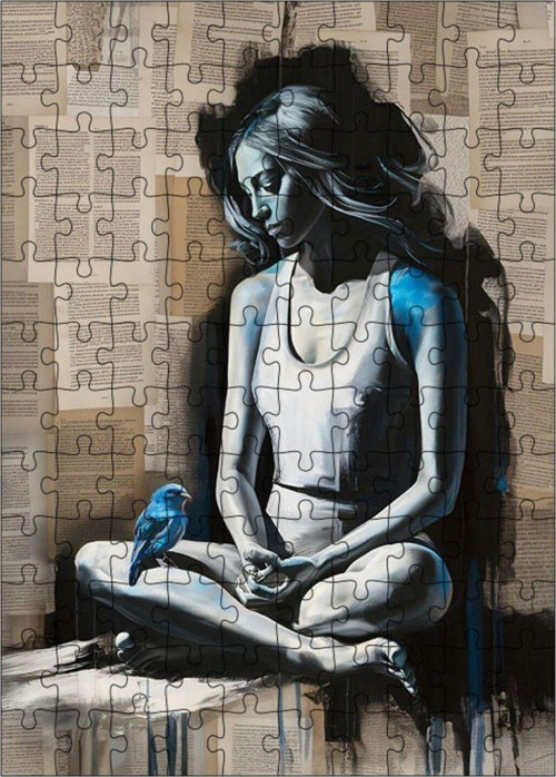 Ahşap Mdf Puzzle Yapboz Kadın Ve Mavi Kuş 120 Parça 25 x 35 cm