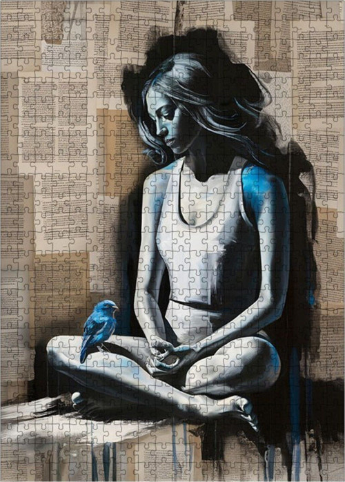 Ahşap Mdf Puzzle Yapboz Kadın Ve Mavi Kuş 500 Parça 50 x 70 cm