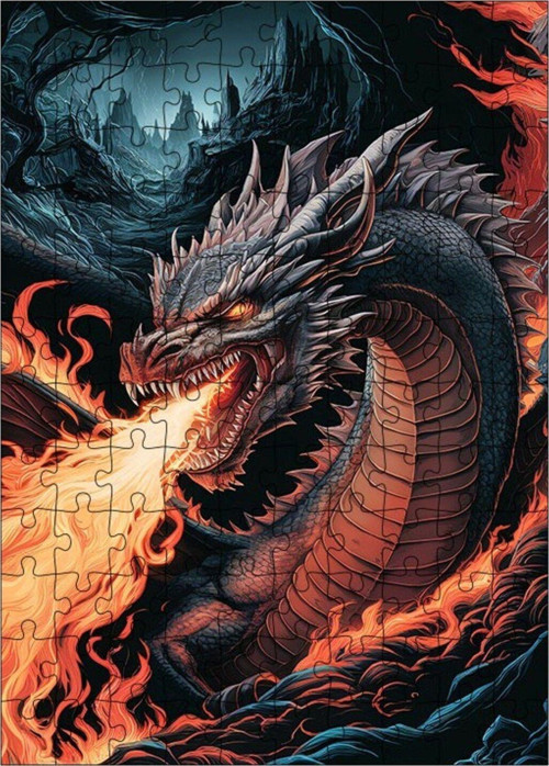 Ahşap Mdf Puzzle Yapboz Alev Üfleyen Ejderha 120 Parça 25 x 35 cm