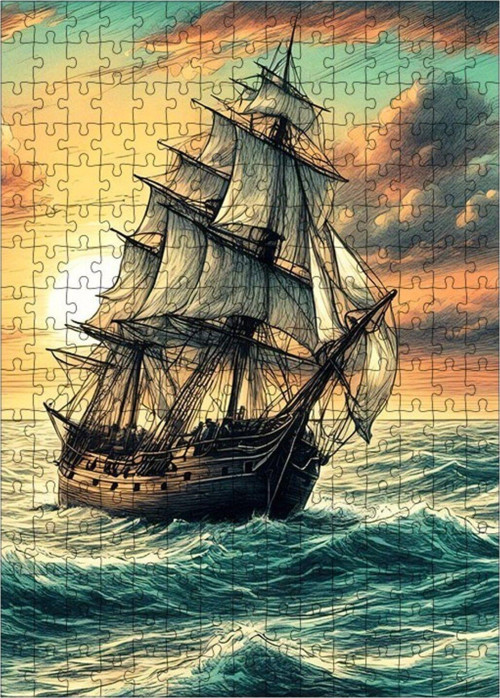 Ahşap Mdf Puzzle Yapboz Dalgalarda Sallanan Retro Gemi 255 Parça 35 x 50 cm