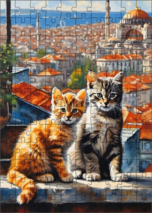 Ahşap Mdf Puzzle Yapboz Sevimli Kediler Ve Şehir Manzarası 120 Parça 25 x 35 cm