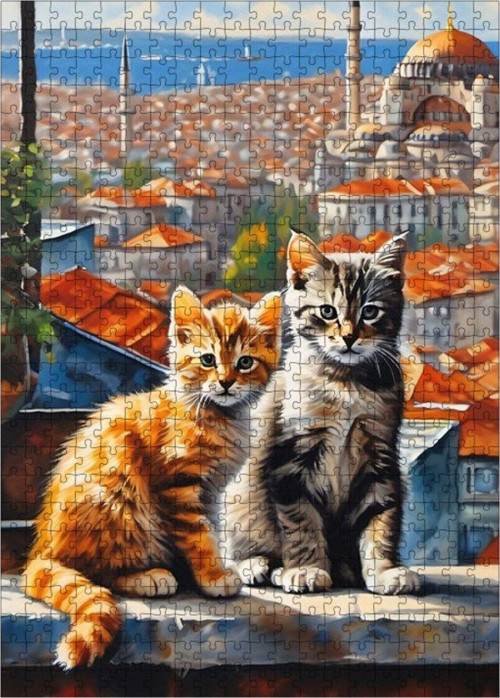 Ahşap Mdf Puzzle Yapboz Sevimli Kediler Ve Şehir Manzarası 500 Parça 50 x 70 cm