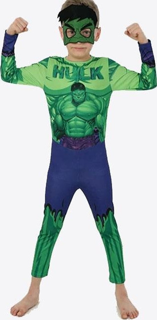 Yeşil Maskeli Baskılı Hulk Kostümü Çocuk Boy - Yeşil Dev Kostümü 9-10 Yaş