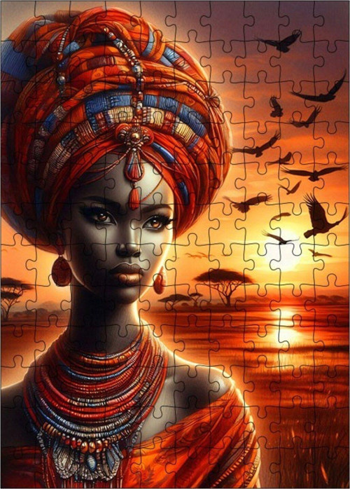 Ahşap Mdf Puzzle Yapboz Afrikalı Kadın Ve Afrika 120 Parça 25 x 35 cm
