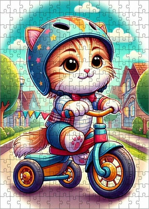Ahşap Mdf Puzzle Yapboz Üç Tekerlekli Bisiklet Ve Kedi 255 Parça 35 x 50 cm