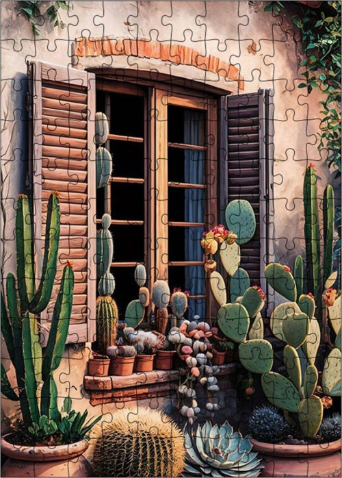 Ahşap Mdf Puzzle Yapboz Kaktüsler Ve Pencere 120 Parça 25 x 35 cm