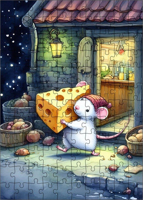 Ahşap Mdf Puzzle Yapboz Peynir Taşıyan Fare 120 Parça 25 x 35 cm