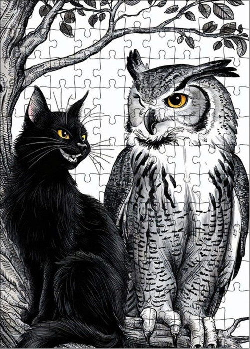 Ahşap Mdf Puzzle Yapboz Siyah Kedi Ve Baykuş 120 Parça 25 x 35 cm