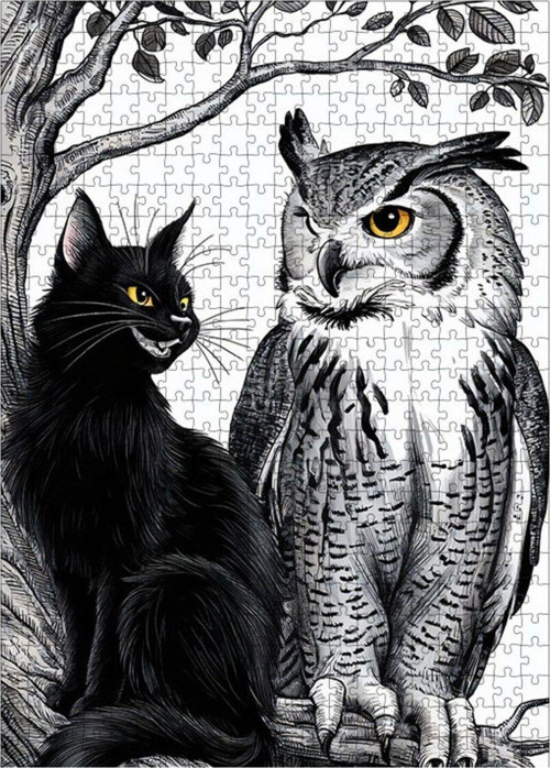 Ahşap Mdf Puzzle Yapboz Siyah Kedi Ve Baykuş 500 Parça 50 x 70 cm