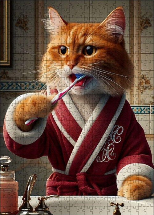 Ahşap Mdf Puzzle Yapboz Dişlerini Fırçalayan Kedi 500 Parça 50 x 70 cm