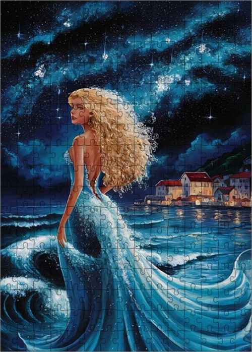 Ahşap Mdf Puzzle Yapboz Mavi Elbiseli Kadın Ve Deniz 255 Parça 35 x 50 cm