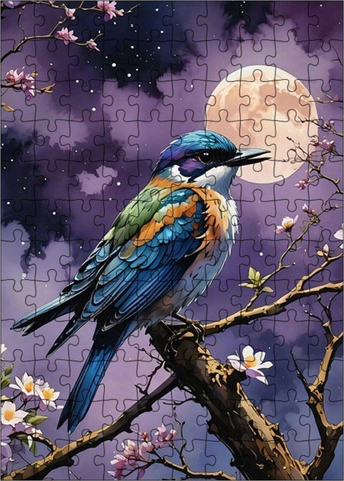 Ahşap Mdf Puzzle Yapboz Mavi Kuş Ve Dolunay 120 Parça 25 x 35 cm