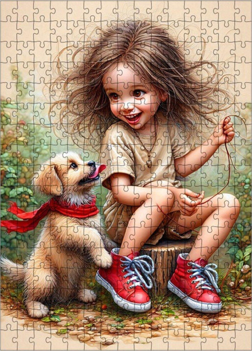 Ahşap Mdf Puzzle Yapboz Yavru Köpek Ve Kız Çocuğu 255 Parça 35 x 50 cm