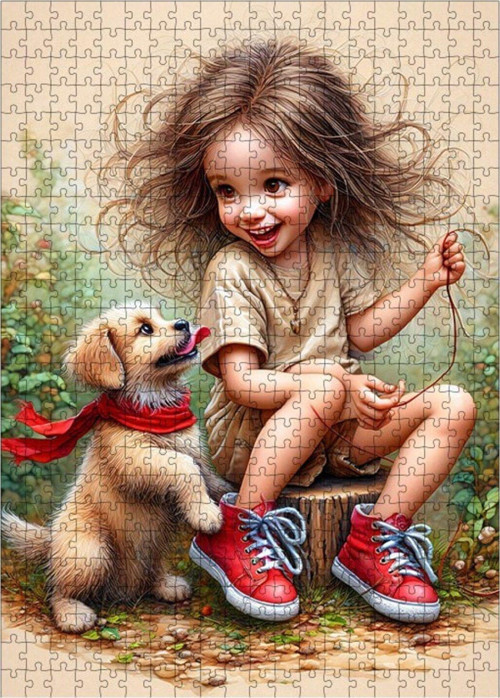 Ahşap Mdf Puzzle Yapboz Yavru Köpek Ve Kız Çocuğu 500 Parça 50 x 70 cm