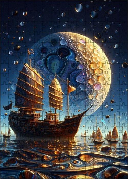 Ahşap Mdf Puzzle Yapboz Ay Ve Yelkenli Gemi 255 Parça 35 x 50 cm