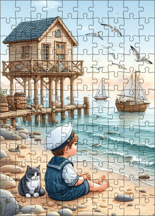 Ahşap Mdf Puzzle Yapboz Denizci Çocuk Ve Kumsal 120 Parça 25 x 35 cm