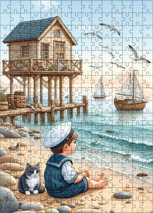 Ahşap Mdf Puzzle Yapboz Denizci Çocuk Ve Kumsal 255 Parça 35 x 50 cm