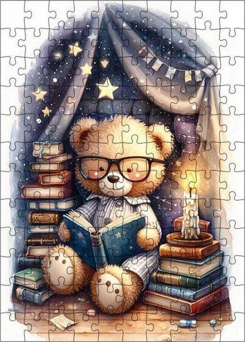 Ahşap Mdf Puzzle Yapboz Kitap Okuyan Oyuncak Ayı 120 Parça 25 x 35 cm