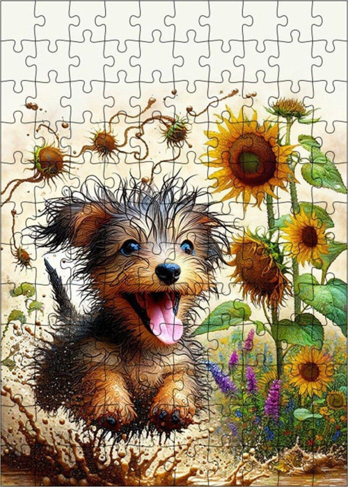 Ahşap Mdf Puzzle Yapboz Ayçiçek Tarlasında Köpek 120 Parça 25 x 35 cm