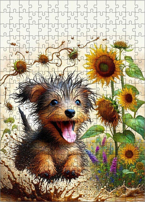Ahşap Mdf Puzzle Yapboz Ayçiçek Tarlasında Köpek 255 Parça 35 x 50 cm