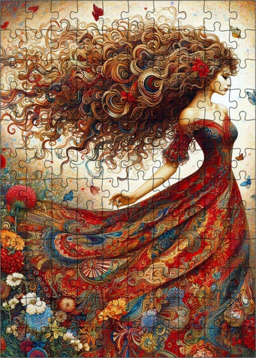 Ahşap Mdf Puzzle Yapboz Çiçek Desenli Elbise Ve Kadın 120 Parça 25 x 35 cm