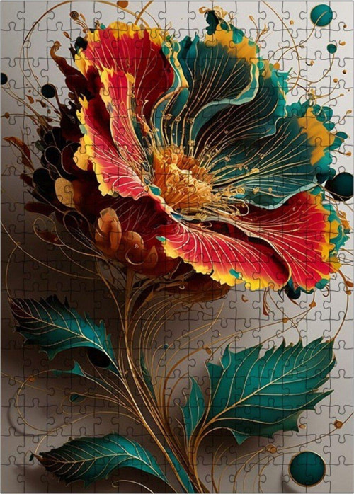 Ahşap Mdf Puzzle Yapboz Kırmızıçiçek Ve Yeşil Yapraklar 255 Parça 35 x 50 cm