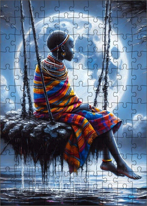 Ahşap Mdf Puzzle Yapboz Gölde Sallanan Afrikalı Kadın 120 Parça 25 x 35 cm