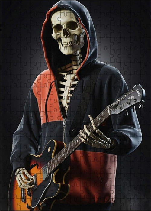 Ahşap Mdf Puzzle Yapboz Gitar Çalan Kapşonlu İskelet 255 Parça 35 x 50 cm
