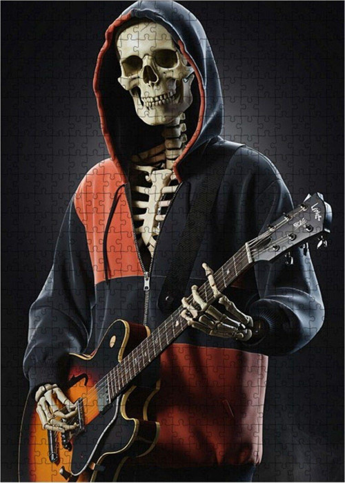 Ahşap Mdf Puzzle Yapboz Gitar Çalan Kapşonlu İskelet 500 Parça 50 x 70 cm