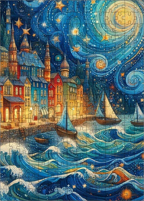 Ahşap Mdf Puzzle Yapboz Sahil Kasabası Ve Yelkenli Kayıklar 255 Parça 35 x 50 cm