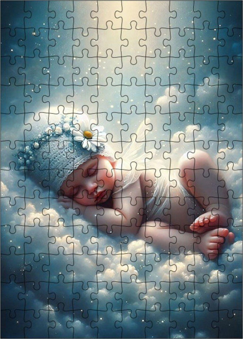 Ahşap Mdf Puzzle Yapboz Bulutların Üstünde Uyuyan Bebek 120 Parça 25 x 35 cm