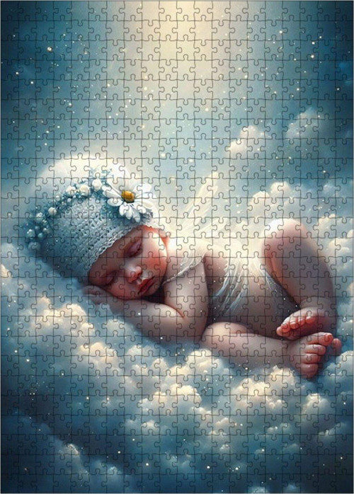 Ahşap Mdf Puzzle Yapboz Bulutların Üstünde Uyuyan Bebek 500 Parça 50 x 70 cm