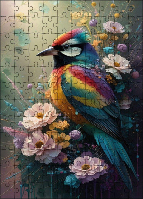 Ahşap Mdf Puzzle Yapboz Renkli Kuş Ve Çiçekler 120 Parça 25 x 35 cm