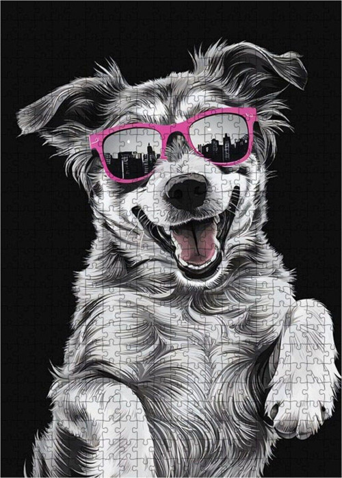 Ahşap Mdf Puzzle Yapboz Pembe Gözlüklü Köpek 500 Parça 50 x 70 cm