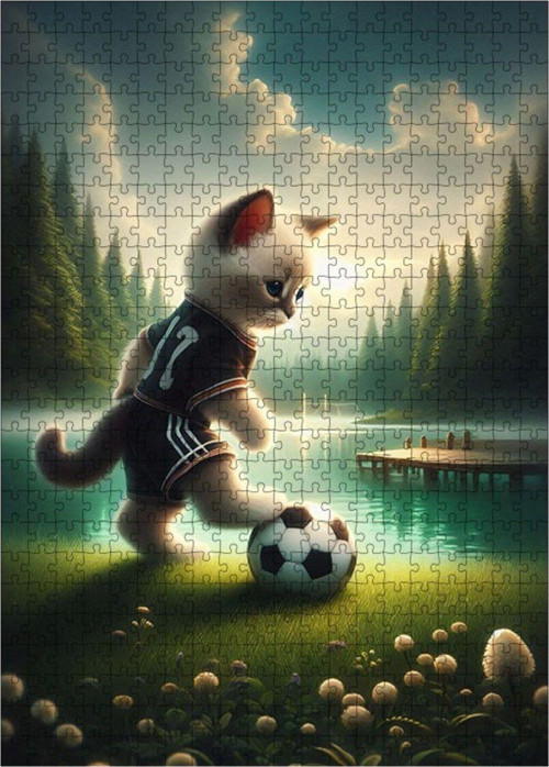 Ahşap Mdf Puzzle Yapboz Futbol Oynayan Kedi 500 Parça 50 x 70 cm